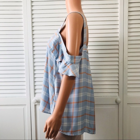 SANCTUARY Blue Orange Plaid Off The Shoulder Shirt Size Large - Picture 3 of 7